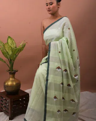 TUSSAR SILK SAREE Orange Beige - Image 4