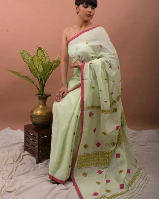 TUSSAR SILK SAREE Orange Beige - Image 3